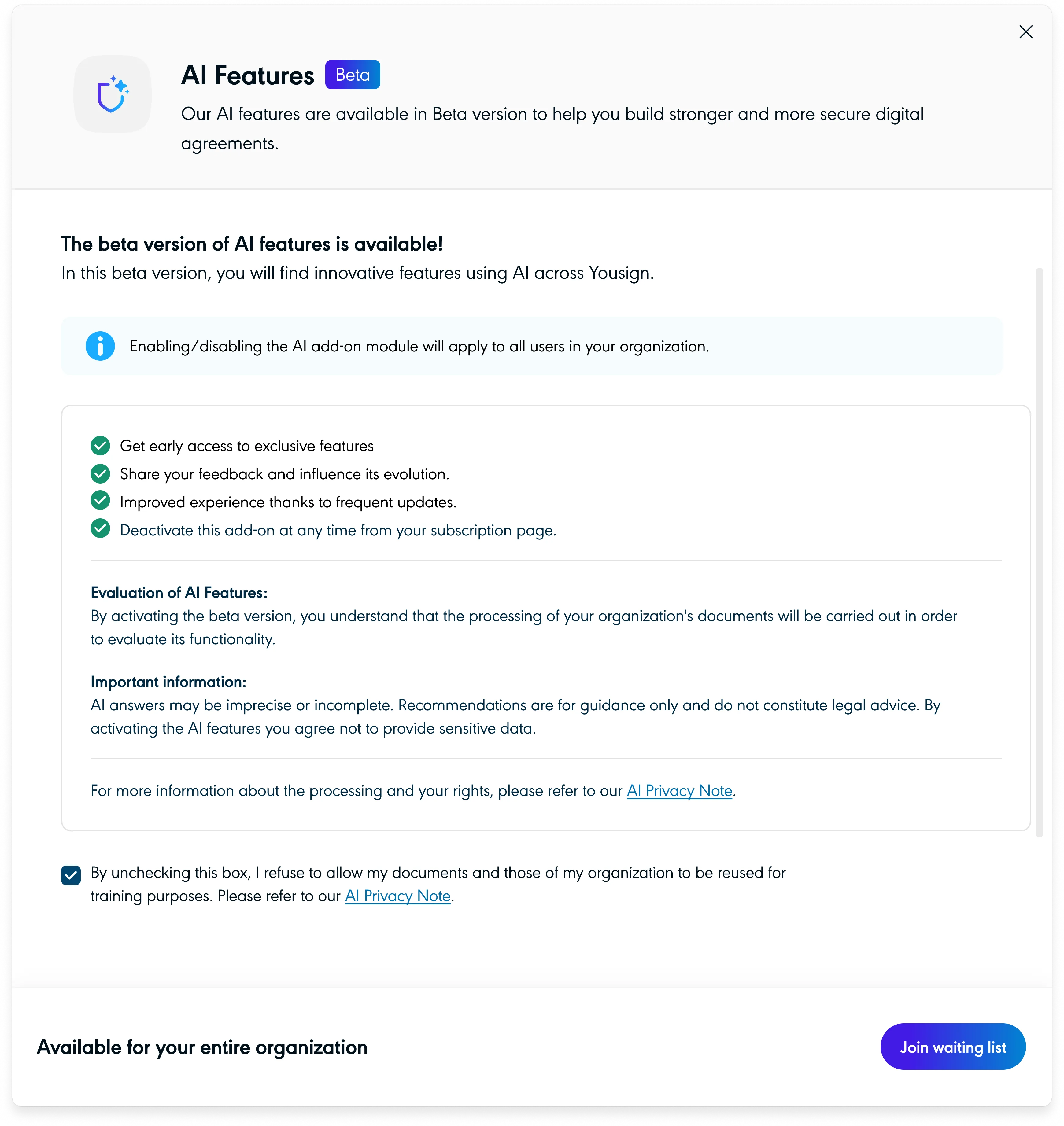 Beta activation modal